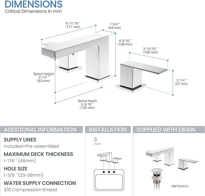 8 Inch Widespread Bathroom Sink Faucet with Drain Assembly, Solid Brass 2 Handle 3 Hole Bathroom Vanity Faucet, Chrome Finish, Modern Bathroom Faucet