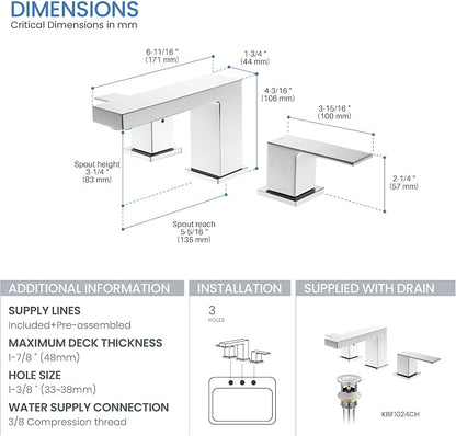 8 Inch Widespread Bathroom Sink Faucet with Drain Assembly, Solid Brass 2 Handle 3 Hole Bathroom Vanity Faucet, Chrome Finish, Modern Bathroom Faucet