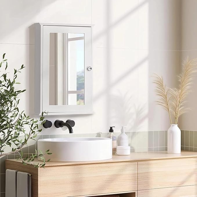 Karl home White Wall Mounted Medicine Cabinet, Single Mirror Bath Storage | Wooden Wall Cabinet with Adjustable Shelves for Bathroom, Living Room, Entryway Storage