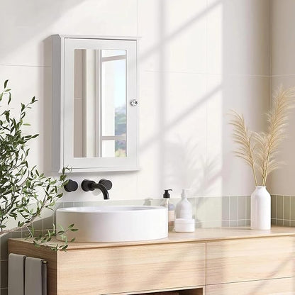 Karl home White Wall Mounted Medicine Cabinet, Single Mirror Bath Storage | Wooden Wall Cabinet with Adjustable Shelves for Bathroom, Living Room, Entryway Storage