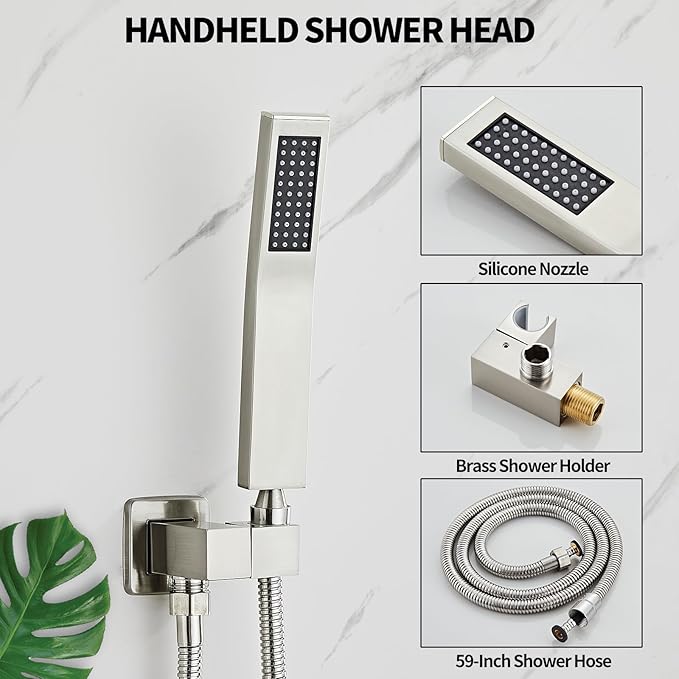 Brushed Nickel Rainfall Shower Faucet Set with Tub Spout 10 Inch, Shower Head and Handle with 2 Hooks, Rain Shower and Handheld Shower System Square Wall Mount for Bathroom