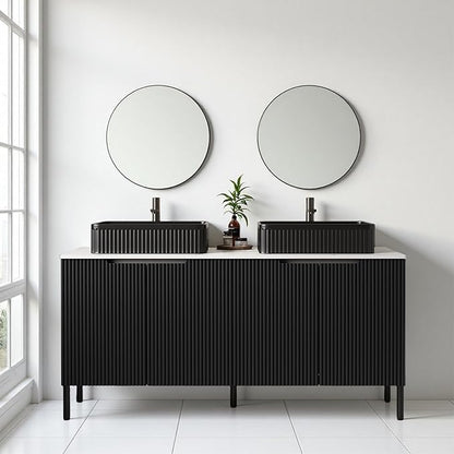 Ambrovina 60" Bathroom Vanity with Double Sink, Freestanding Bathroom Storage Cabinet with 4 Soft-Closing Doors, Rectangular Ceramic Basin and Carrara White Sintered Stone Countertop, Gloss Black
