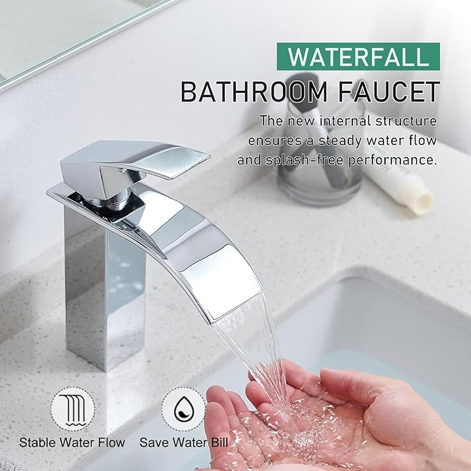 Chrome waterfall bathroom faucet with water flowing into a sink, labeled 'Waterfall Bathroom Faucet'.