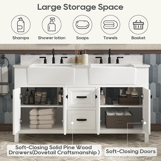60 Inch Bathroom Vanity with Double Sink, Farmhouse Bathroom Vanity Cabinet with Soft Closing Doors & Dovetail Drawers, Vanity for Bathroom, Adjustable Feets, Apron Farm Sink, White
