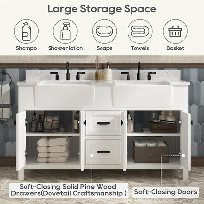 60 Inch Bathroom Vanity with Double Sink, Farmhouse Bathroom Vanity Cabinet with Soft Closing Doors & Dovetail Drawers, Vanity for Bathroom, Adjustable Feets, Apron Farm Sink, White