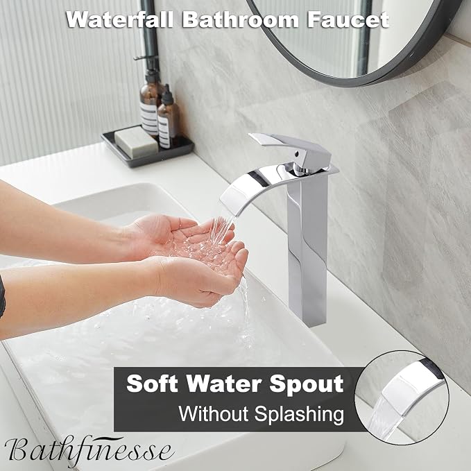 Chrome Bathroom Faucet Waterfall Vessel Sink Faucet Modern Stainless Steel | Single Handle One Hole Deck Mount,Bowl Vanity Sink Faucet,with Pop-up Drain Assembly and Supply Line,Lead-Free by Bathfinesse