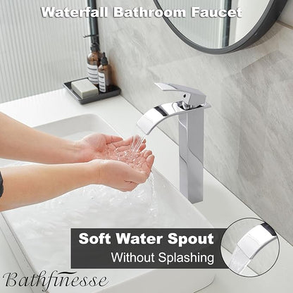 Chrome Bathroom Faucet Waterfall Vessel Sink Faucet Modern Stainless Steel | Single Handle One Hole Deck Mount,Bowl Vanity Sink Faucet,with Pop-up Drain Assembly and Supply Line,Lead-Free by Bathfinesse