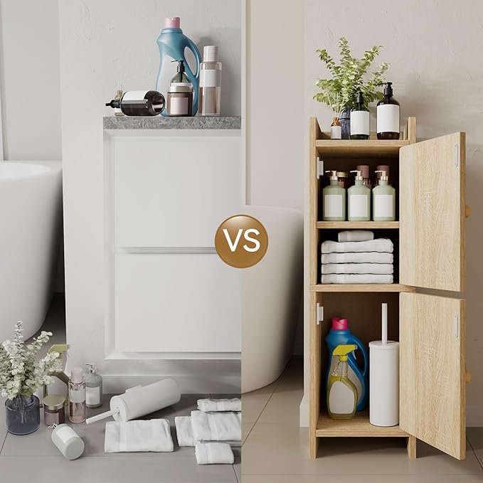 IBUYKE Small Bathroom Storage Cabinet with Rattan Door, Narrow Toilet Paper Storage Holder,Floor Cabinet with Adjustable Shelves, Space-Saving Organizer for Toiletries UWBS001N