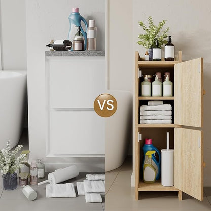 IBUYKE Small Bathroom Storage Cabinet with Rattan Door, Narrow Toilet Paper Storage Holder,Floor Cabinet with Adjustable Shelves, Space-Saving Organizer for Toiletries UWBS001N