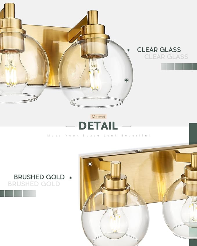 Bathroom Light Fixtures, 8 Light Brushed Gold Vanity Light, 52 Inch Modern Wall Sconces with Globe Clear Glass Shade, Vanity Lighting Fixtures Over Mirror, VL195-BG-8