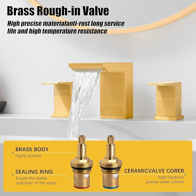 BESy Waterfall Bathroom Faucets 3 Hole Square 8 Inch Widespread Bathroom Sink Faucet Vanity 2 Handle Widespread for Restroom Sink with Pop Up Drain cUPC Supply Hose Brushed Gold