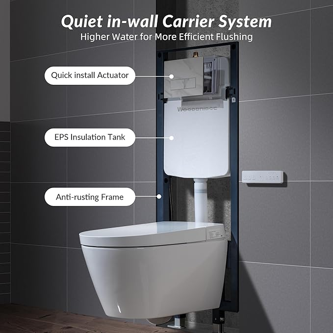 WOODBRIDGE Wall-Hung Smart Toilet with Dual-flush, Bidet Wash Function, Heated Seat & Dryer, Concealed Tank system and White Marble Stone Slim Flush Plates, LT611+ SWHT611+FP611-WH