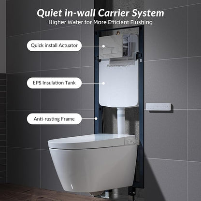 WOODBRIDGE Wall-Hung Smart Toilet with Dual-flush, Bidet Wash Function, Heated Seat & Dryer, Concealed Tank system and White Marble Stone Slim Flush Plates, LT611+ SWHT611+FP611-WH