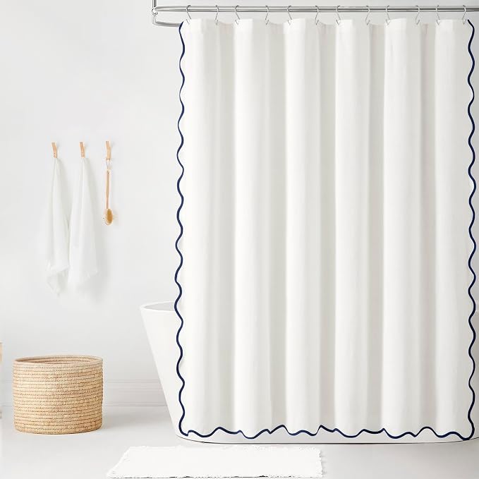 Lush Decor Coastal Chic Scallop Edge Linen-Textured Shower Curtain, Single 72" W x 72" L, Navy & White - Scalloped Shower Curtains - Coastal Bathroom Curtain