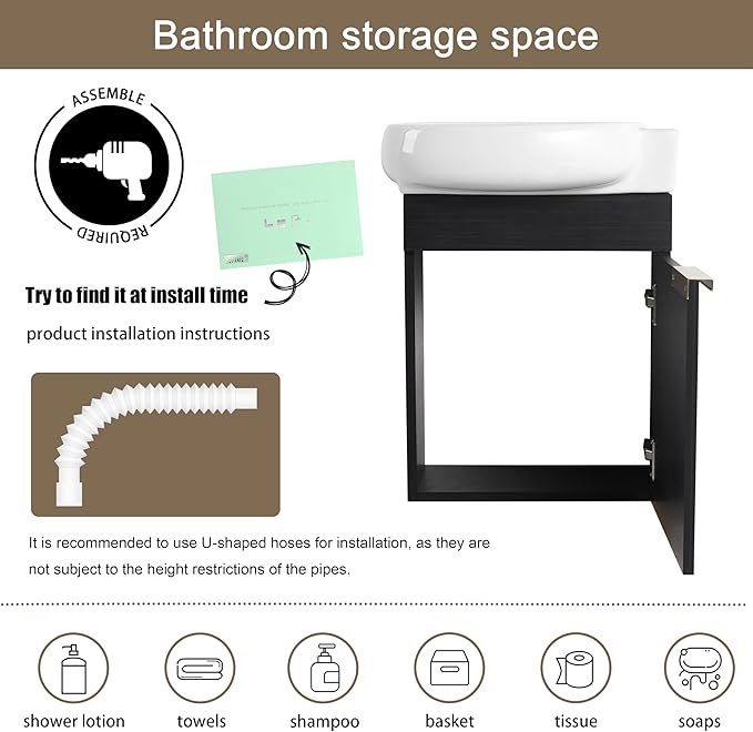 Malwee 16" Floating Bathroom Vanity with Sink, 16 Inch Single Sink Wall Mounted Bathroom Vanity, with 1 Door and White Ceramic Top for Small Space, Modern Wall Hung Cabinet Storage(029-16BCT)