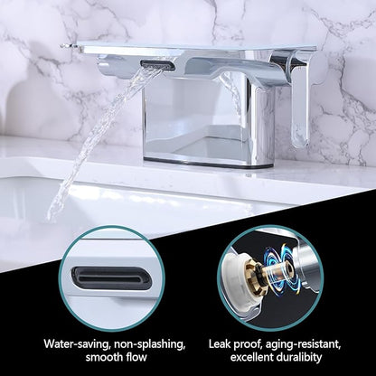 Waterfall Bathroom Faucet, 4 Inch Centerset Bathroom Sink Faucets, 2 Handle Bathroom Faucets for Sink, Modern Rv Lavatory Vanity Faucet with Pop Up Drain and Supply Hoses, Chrome