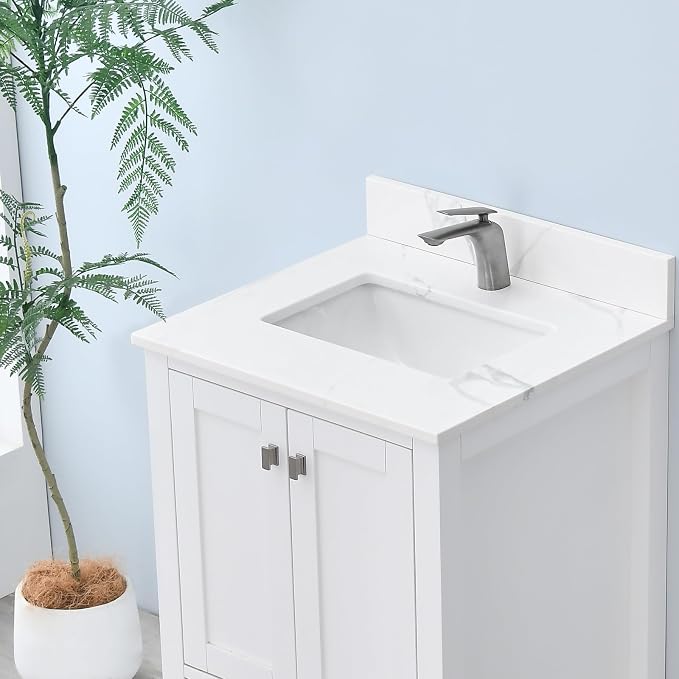 24 in. W x 22 in D Quartz Vanity Top in Calacatta Rocky, Vanity Sink Top with Assembled Single Drop-in Sink, Pre-Drilled Single Faucet Hole Countertop with 4" H Backsplash