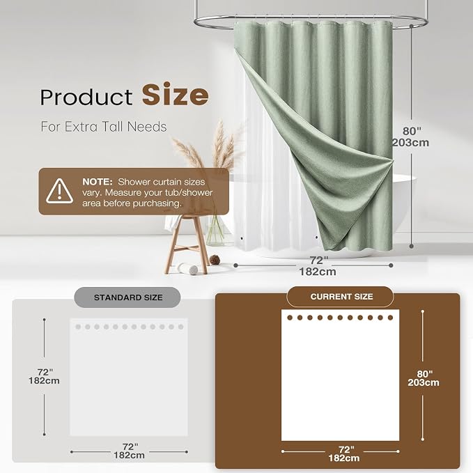 BTTN 3 in 1 Shower Curtain Set - 80 Inch Long Linen Textured Cloth Shower Curtain Liner with Plastic Hooks and 3 Magnets, Tall Modern Waterproof Fabric Shower Curtain for Bathroom, Sage Green, 72x80