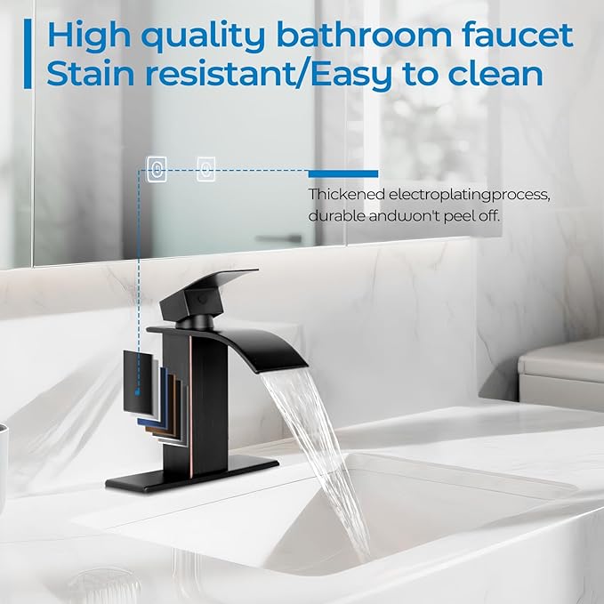 ORB Bathroom Faucets, Waterfall Bathroom Sink Faucet Modern Single Handle Bathroom Faucte 1 or 3 Hole, RV Mixer Tap Vanity Faucet - Includes Pop-up Drain Supply Hoses Deck Plate