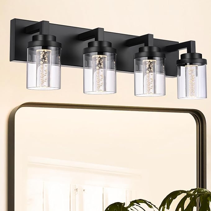MELUCEE 4-Light Dimmable Black Vanity Lights for Bathroom 3000K-6000K | 5 Color Temperature Bubble Crystal LED Bathroom Lighting Fixtures Over Mirror,LED Wall Sconce with Clear Glass Shade