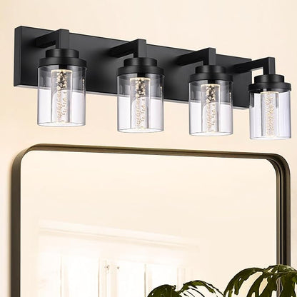 MELUCEE 4-Light Dimmable Black Vanity Lights for Bathroom 3000K-6000K | 5 Color Temperature Bubble Crystal LED Bathroom Lighting Fixtures Over Mirror,LED Wall Sconce with Clear Glass Shade