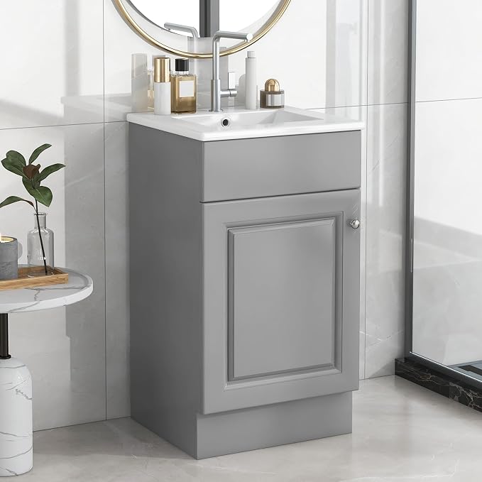Christopher Knight Home Doreen 18" Bathroom Vanity with Ceramic Sink, Bathroom Vanity Cabinet with Door Organizer, Wooden Bathroom Storage Cabinet with Adjustable Shelf,Pedestal Sink with Storage,Grey