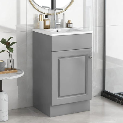 Christopher Knight Home Doreen 18" Bathroom Vanity with Ceramic Sink, Bathroom Vanity Cabinet with Door Organizer, Wooden Bathroom Storage Cabinet with Adjustable Shelf,Pedestal Sink with Storage,Grey