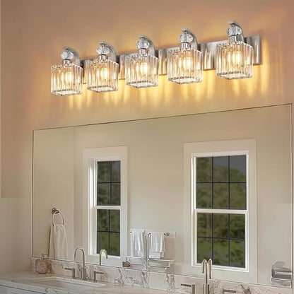Modern Bathroom Vanity Light, 5-Light Nickel Bathroom Lighting Fixtures Over Mirror, 36.3" Crystal Wall Light Sconce for Bathroom/Bedroom/Vanity, Includes LED Bulbs, Easy Installation