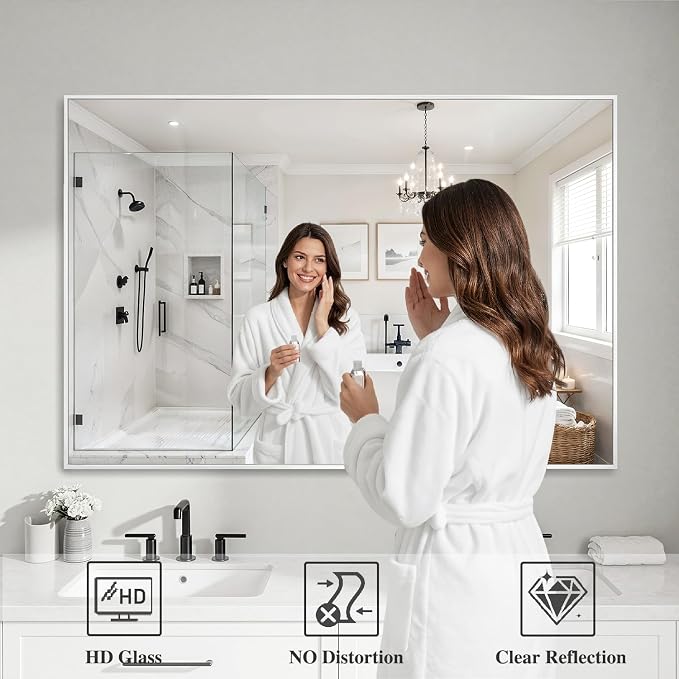 Koonmi White Rectangle Wall Mirror, 36x48 Inch Bathroom Mirror, Aluminum Frame Vanity Mirror for Entryway, Living Room, Bedroom Bathroom, Hangs Horizontally or Vertically