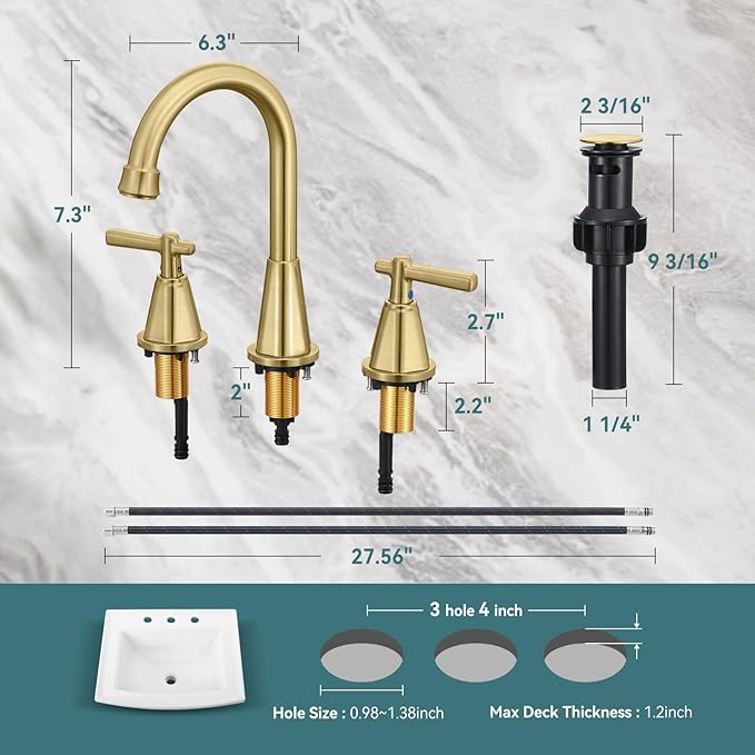 Damomo Bathroom Sink Faucet, Brushed Gold 8 Inch Widespread Bathroom Faucet for Sink 3 Hole, 2 Handle Faucet with Pop Up Drain and 2 Supply Hoses for RV Vanity