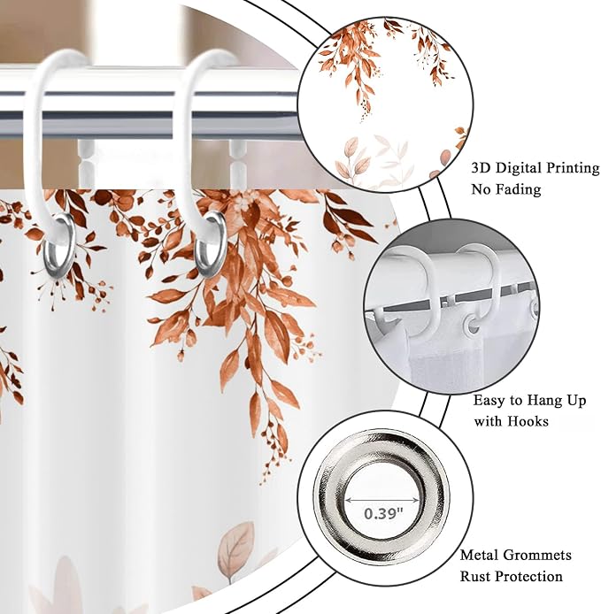 Fall Eucalyptus Leaf Shower Curtain, Watercolor Autumn Thanksgiving Botanical Plants Bathroom Curtain Bathtub Home Decor Waterproof Fabric Machine Washable with 12 PCS Hooks,72" Wx72 L