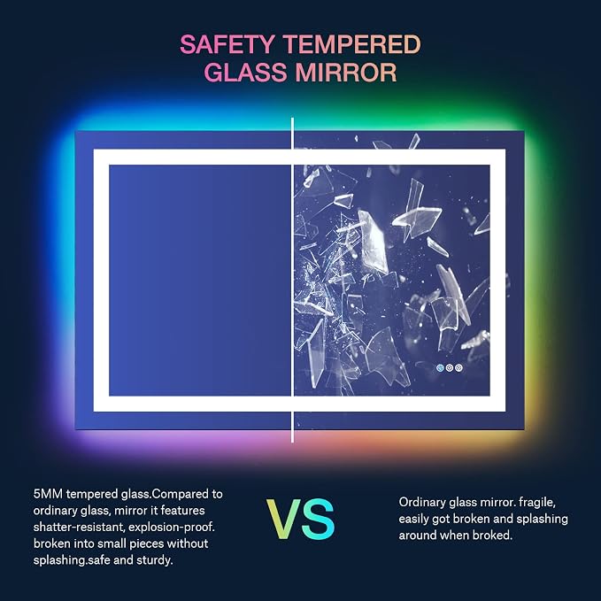 LOAAO 48"X40" RGB LED Bathroom Mirror with Lights, UL Listed | Anti-Fog, Dimmable, RGB Backlit + Front Lighted, Memory Function, Tempered Glass