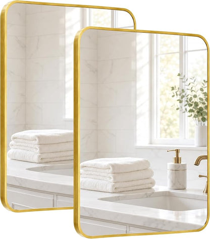 2-Pack 22x30 Inch Brushed Gold Rounded Rectangle Vanity Mirrors | Double Vanity or Two Bathrooms, Pair or Separate Use, Aluminum Frame, Slim Front Profile, Two-Way Mount