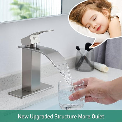 VOTON Bathroom Faucets Brushed Nickel Waterfall Bathroom Sink Faucet Modern Single Handle Bathroom Faucet for 1 or 3 Holes with Deck Plate
