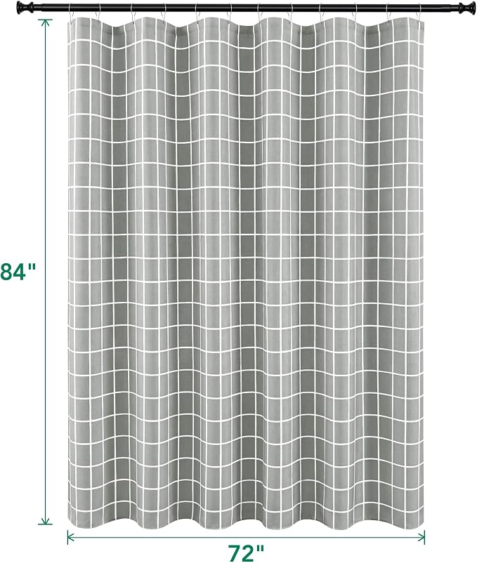 Fabric Farmhouse Shower Curtain-Extra Long Cloth Shower Curtains Bathroom | 72"Wx84"L Silver Grey Faux Linen Grid Minimalist Simple Rustic Neutral Shower Curtain-Geometric Plaid Washable Hotel Quality