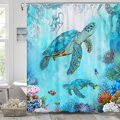 Sea Turtle Shower Curtain - Blue Ocean Underwater Marine Life With Octopus, Fish, Coral - Coastal Nautical Bathroom Decor - Hooks Included 72"X72" Blue