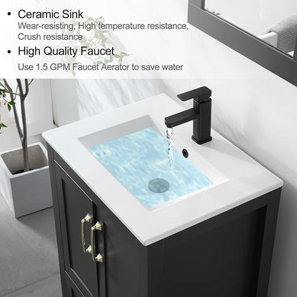 LUCKWIND 24" Bathroom Vanity and Sink Combos, Modern Bathroom Storage Painted Cabinet with Undercounter Ceramic Single Sink Top, Matte Black Faucet and Drawer, Mirror Not Included, Black