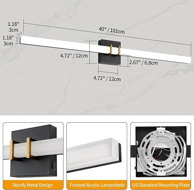 Modern Black and Brass Vanity Light Bar 40 Inch, 30W 5CCT Dimmable Bathroom Light Fixtures LED Wall Lighting Fixture