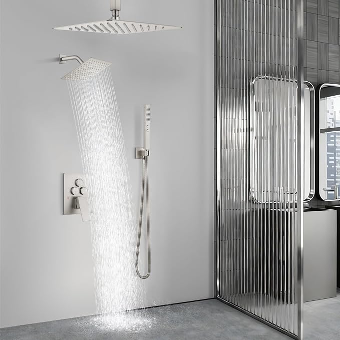 Aolemi Ceiling Shower Faucet Set System Dual Head 16&6 Inch Brushed Nickel | 2 in 1 Handheld Spray,Shower Valve and Trim Kit,Push Button Diverter, 16"Top+6" Wall Rain Head,Bathroom Mixer for Couple