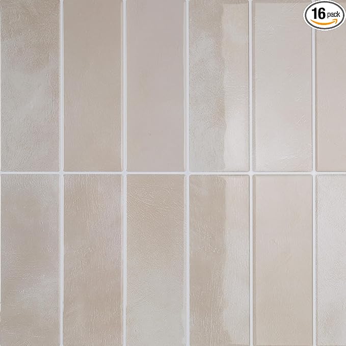 CRE8TIVE 16 Sheets Straight Linear Peel and Stick Tile Backsplash Stick on Wall Tile Beige Rectangular Kitchen Backsplash Tiles Waterproof Renter Friendly Back Splash for Living Room Fireplace 12"x12"