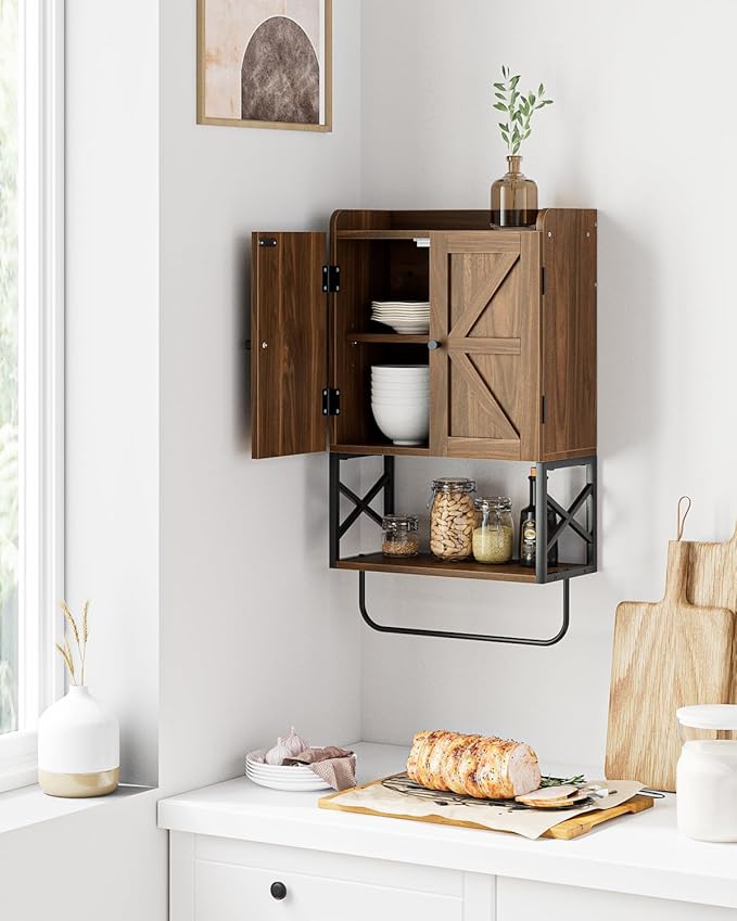 Masupu Bathroom Cabinet Wall Mounted, Wooden Medicine Cupboard with Adjustable Shelves, Space-Saving Wall Storage Unit for Bathroom, Kitchen and Living Room (9"D x 15.35"W x 27.16"H,Country Walnut)