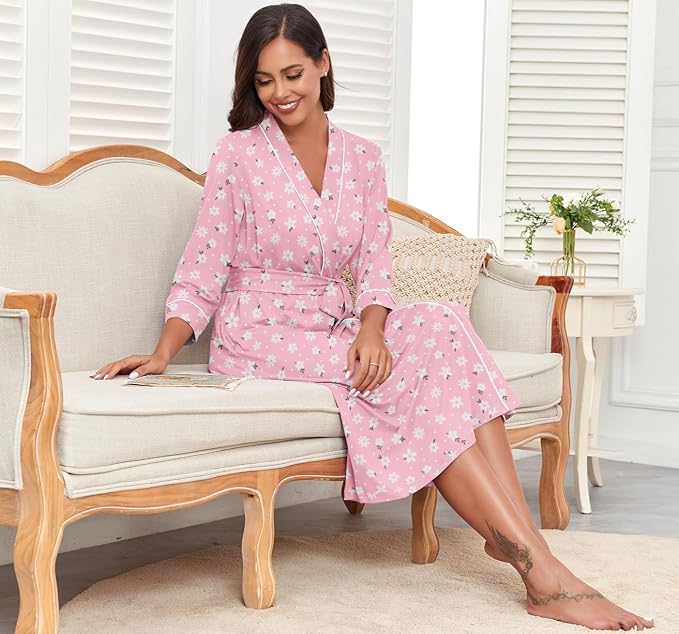 PrinStory Robes for Women 3/4 Sleeve Long Bath Robe XS-4XL | V-Neck Knit Bathrobe with Pockets, Lightweight, Soft, Breathable Robes for Shower, Spa, Travel, Home, Party, Nursing