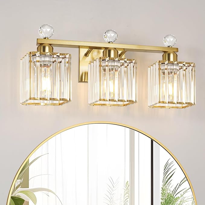 Lxybcce Bathroom Vanity Light Fixture 3-Light - Vanity Lights for Bathroom with Crystal Shade Gold Metal, Easy Install No Drilling Needed, Shadow-Free Illumination for Modern Bathroom Mirror Decor