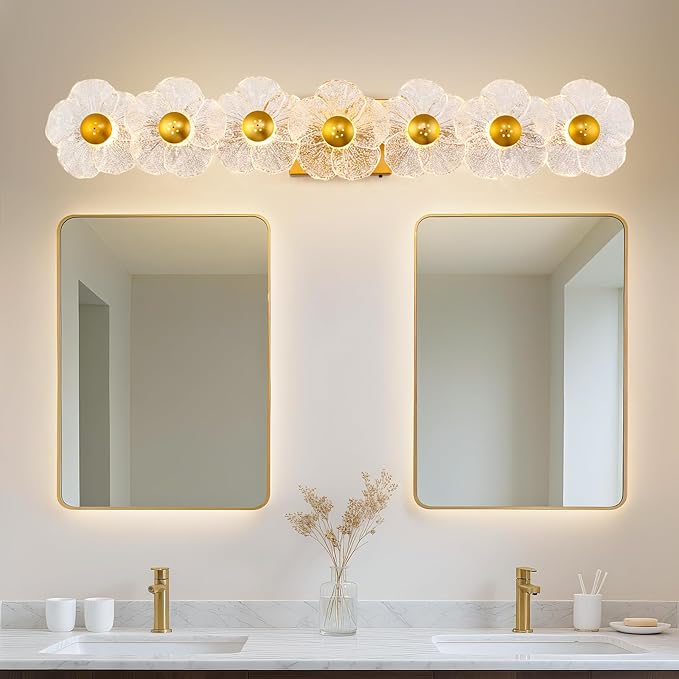 MantoLite Bathroom Light Fixtures Modern Vanity Light Over Mirror Adjustable 3000K-6000K Picture Lights Art Light with Floral Clear Glass Shades for Living Room Bedroom Wall Sconces (7 Light Gold)