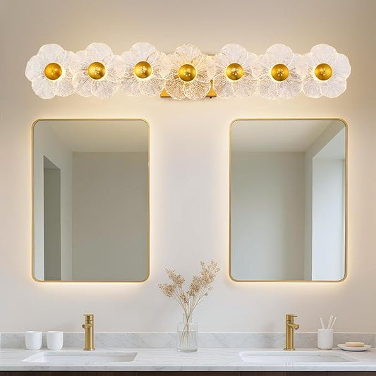 MantoLite Bathroom Light Fixtures Modern Vanity Light Over Mirror Adjustable 3000K-6000K Picture Lights Art Light with Floral Clear Glass Shades for Living Room Bedroom Wall Sconces (7 Light Gold)