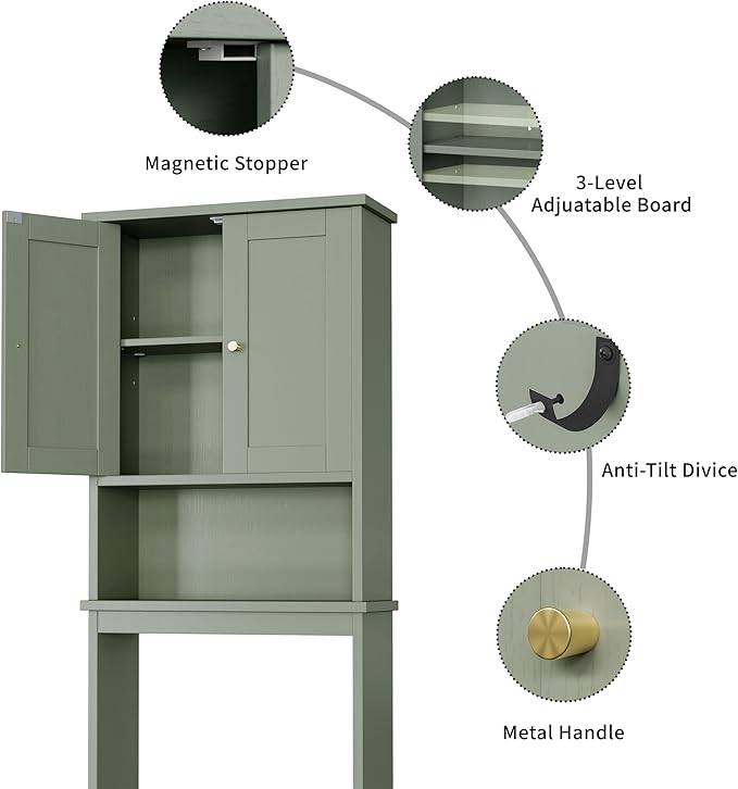 Shintenchi Over the Toilet Storage Cabinet, Bathroom Shelf Organizer with Anti-Tip Device Small Freestanding Space Saver with Adjustable Shelf，Green