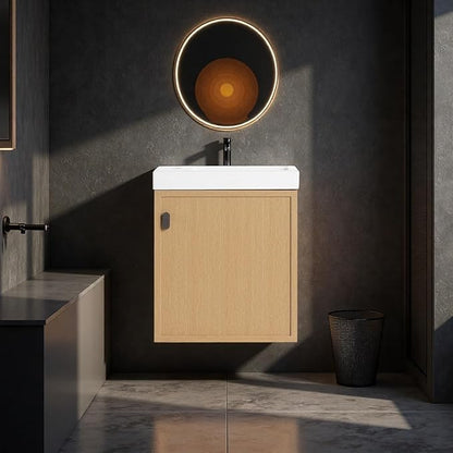 18.5" Bathroom Vanity with Resin Sink, Modern Wall-Mounted Floating Bathroom Vanity with Soft Closed Single Door for Home, Undermount Storage Cabinet, Easy to Clean, Natural Wood