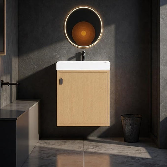 18.5" Bathroom Vanity with Resin Sink, Modern Wall-Mounted Floating Bathroom Vanity with Soft Closed Single Door for Home, Undermount Storage Cabinet, Easy to Clean, Natural Wood