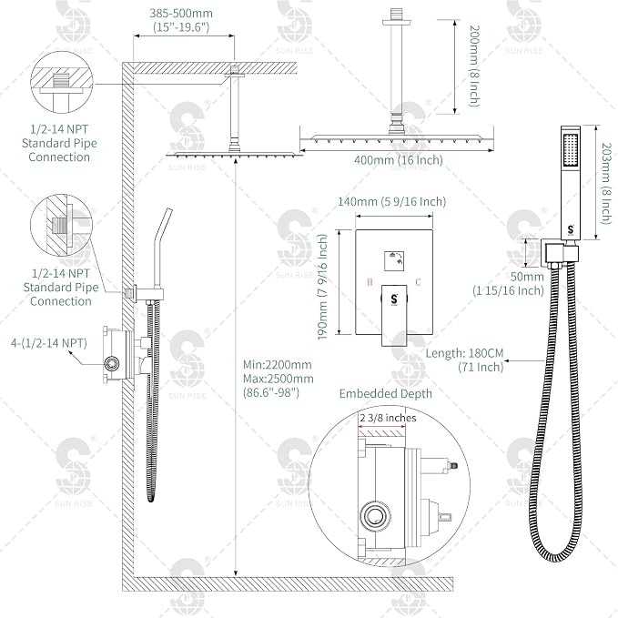 SR SUN RISE 16 Inches Oil Rubbed Bronze Shower Faucets Sets Complete Bathroom Rain Mixer Shower System Ceiling Mounted Rainfall Shower Head System (Contain Shower Faucet Rough-In Valve Body and Trim)