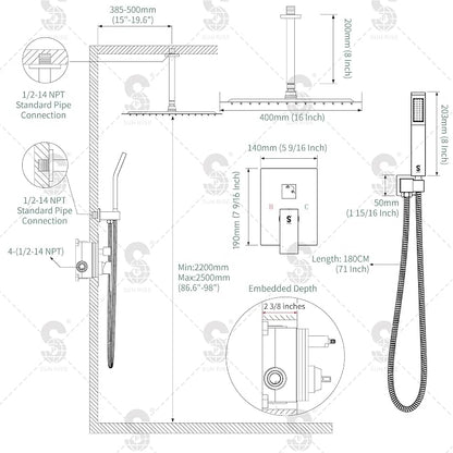 SR SUN RISE 16 Inches Oil Rubbed Bronze Shower Faucets Sets Complete Bathroom Rain Mixer Shower System Ceiling Mounted Rainfall Shower Head System (Contain Shower Faucet Rough-In Valve Body and Trim)